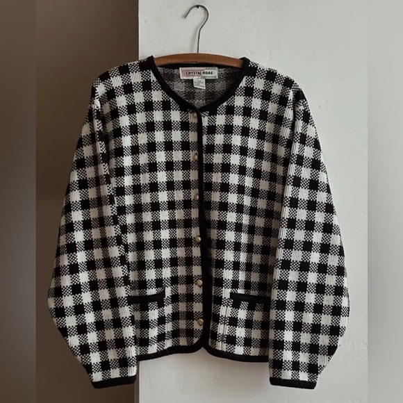 Vintage black white check plaid houndstooth cardigan lady jacket round neck - Picture 3 of 15